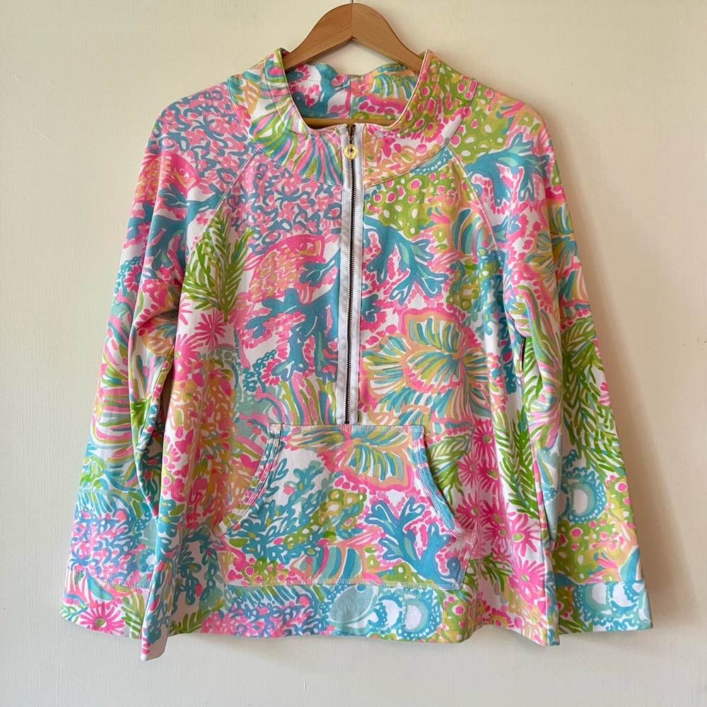 Lilly Pulitzer Tropical Fish Print Colorful Quarter-Zip Pullover Sweatshirt XL
